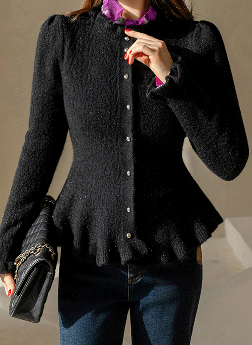 마리지 펄 믹스 물결 프릴 라인 퍼프 소매 페플럼 니트 가디건