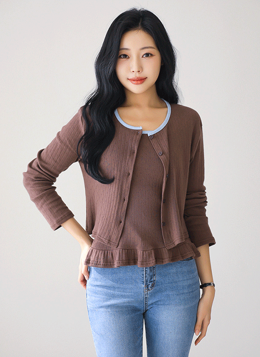 [Theonme] 세이지 배색라인 쟈가드 프릴 레이어드 나시 가디건 세트