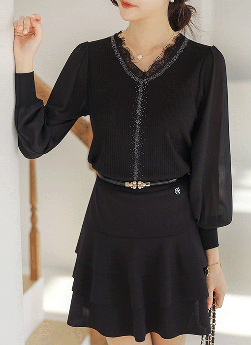 라베즈 샤인 핫픽스 레이스 넥 쉬폰 소매 배색 니트 블라우스