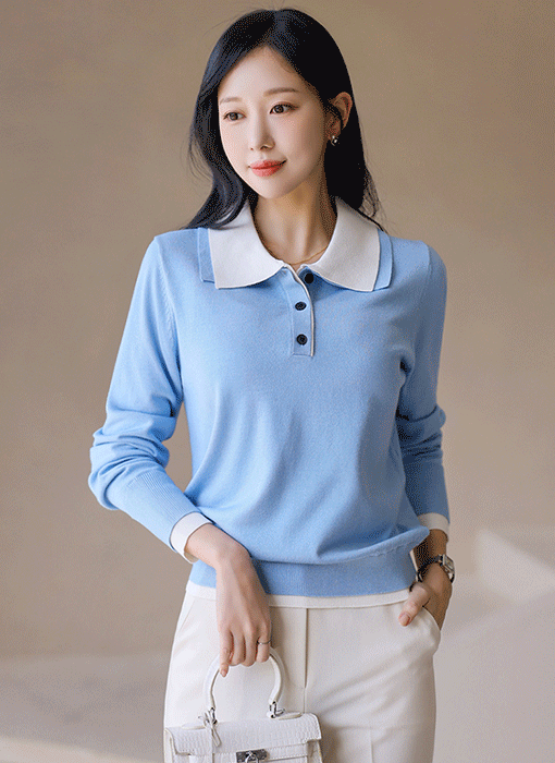 베르고 레이어드 배색 디테일 버튼업 카라 니트