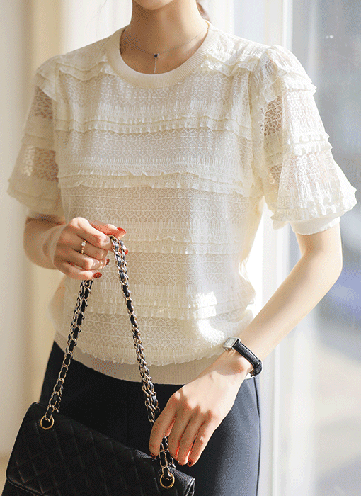 쟈가드 시스루 레이스 캉캉 프릴 니트 블라우스