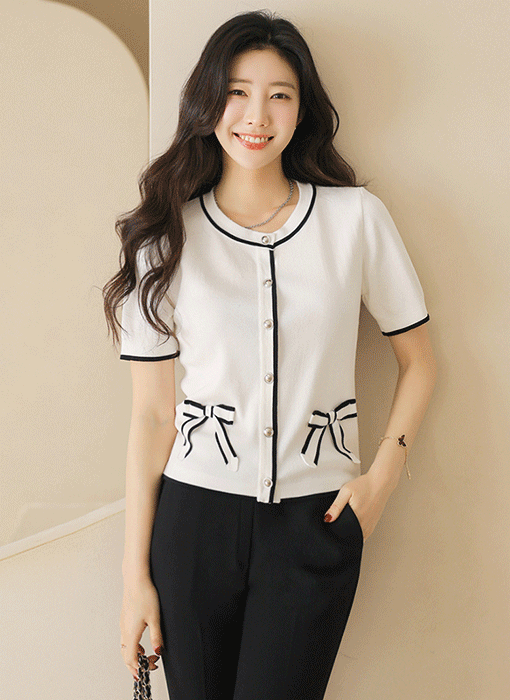 리본 디테일 라인 배색 라운드 반팔 니트 가디건