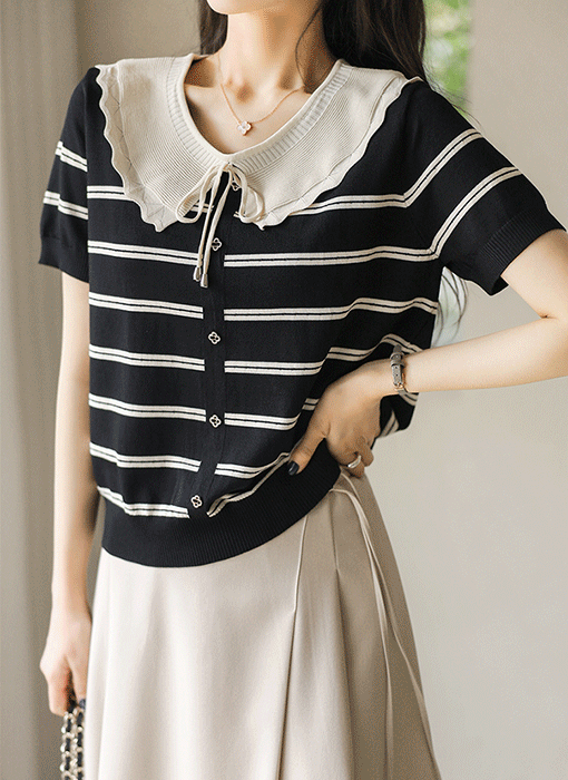 물결 카라 배색 스트라이프 반팔 니트