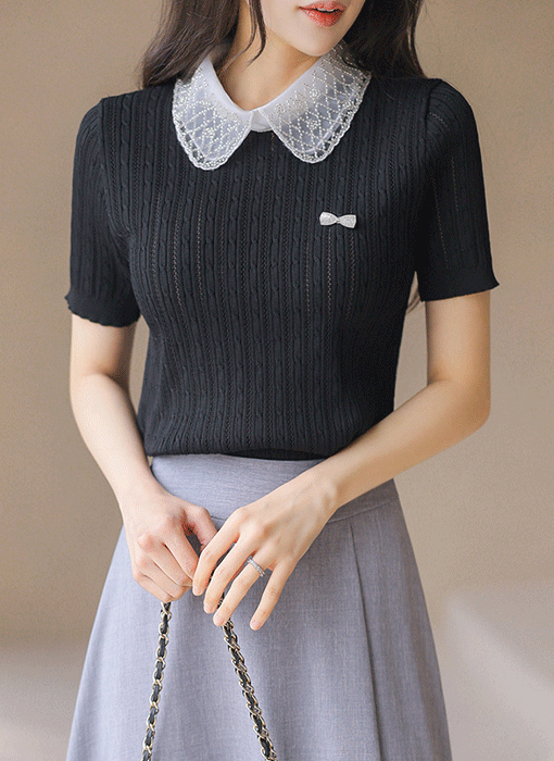 비즈 카라 배색 리본 브로치SET 반팔 골지 니트