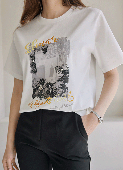 [루이스엔젤] 멜마르 흑백빌딩 큐빅진주 나염 반팔 티셔츠 