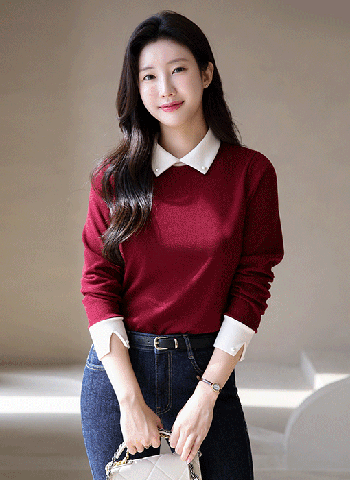 [루이스엔젤] 페블로 더블 진주 카라 배색 트임 소매 티셔츠