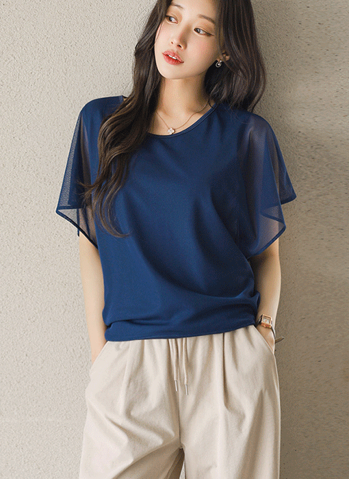 날개 소매 망사 레이어드 이중 캡소매 찰랑 텐션 티셔츠