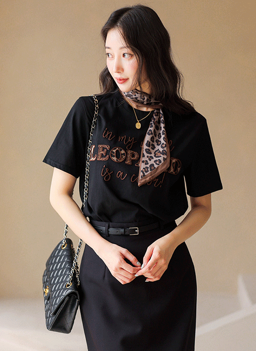 컬러쥬 스카프SET 레오파드 비즈 레터링 라운드 티셔츠