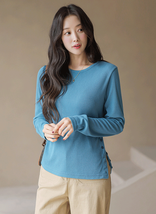 스카비 사이드 트임 버튼 포인트 쫀쫀 골지 티셔츠