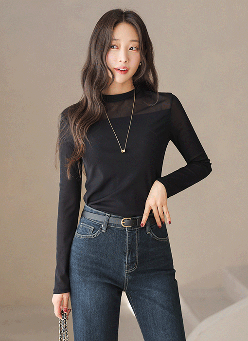 비비아 찰랑 텐션 어깨 시스루 배색 반하이 모크넥 슬림 티셔츠