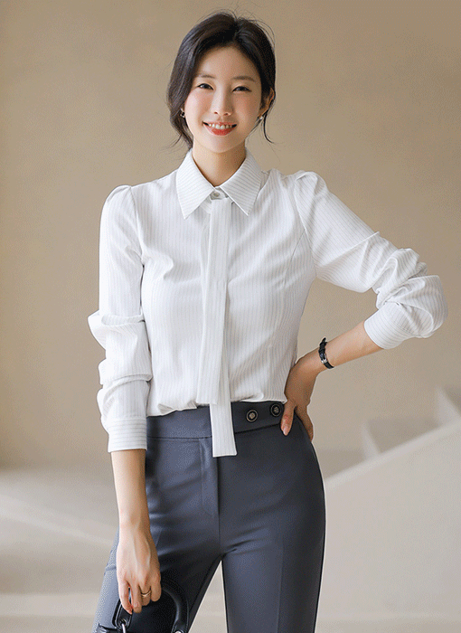 [루이스엔젤] 인텔리 슬림 실루엣 리본 타이 SET 씬 스트라이프 카라 블라우스