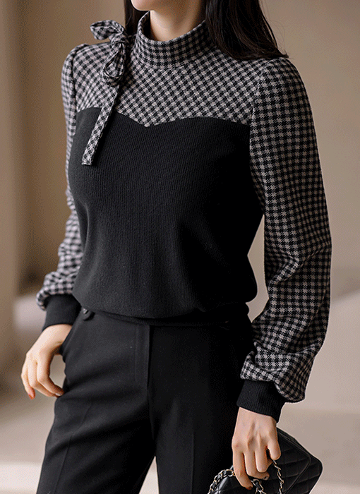 [루이스엔젤] 세티아 체크 하트 배색 포근 반하이넥 블라우스 티