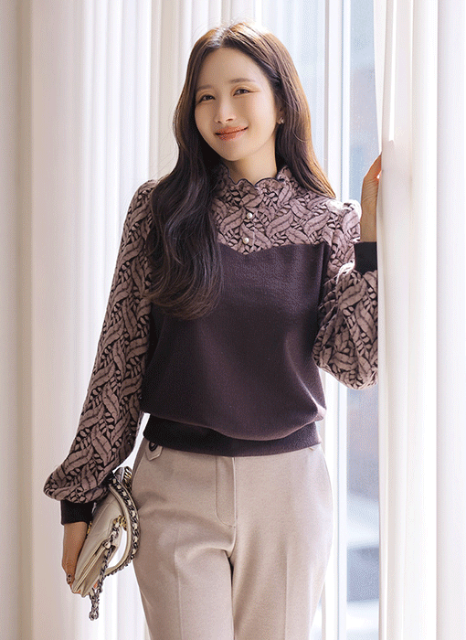 [루이스엔젤] 모딘느 에스닉 리프 기모 레이스 배색 블라우스 티