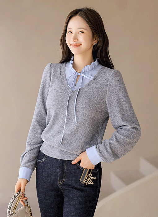 [루이스엔젤] 하니하니 프릴 블라우스 배색 레이어링 포근 니트 블라우스 티