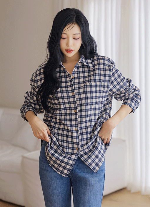 [Theonme] 그란델 배색 글렌체크 루즈핏 셔츠