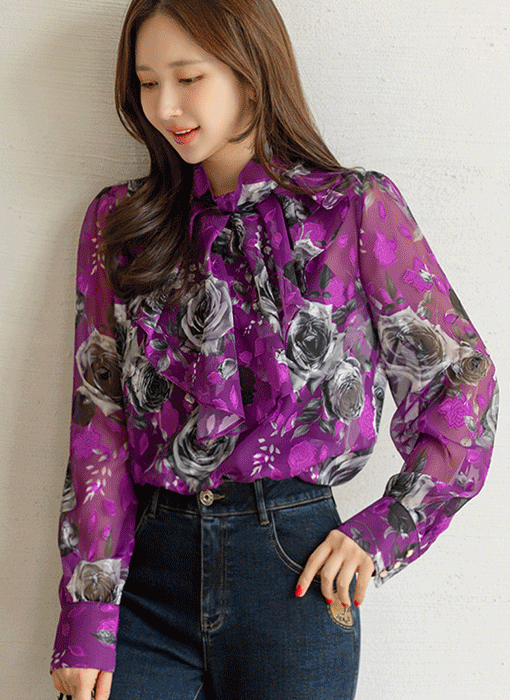 로디아 꽃잎 쟈가드 에스닉 로즈 패턴 프릴 러플 블라우스