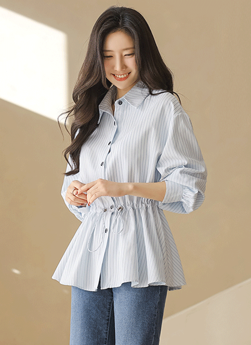 레인즈 허리스트링 플레어 스트라이프 셔츠 블라우스