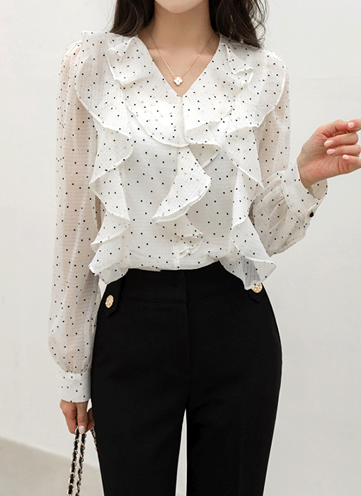 [루이스엔젤] 아모네 리본 스카프SET 플로우 러플 쉬폰 도트 블라우스