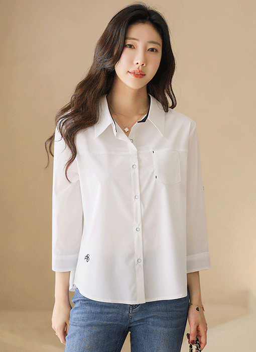 롤업 7부 소매 배색 디테일 자수 포인트 카라 셔츠 남방