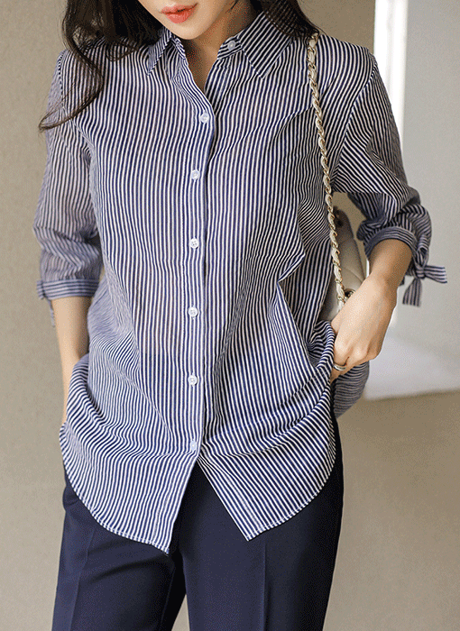 [기획특가] 7부 소매 리본 라이트 스트라이프 스탠다드 카라 셔츠 남방