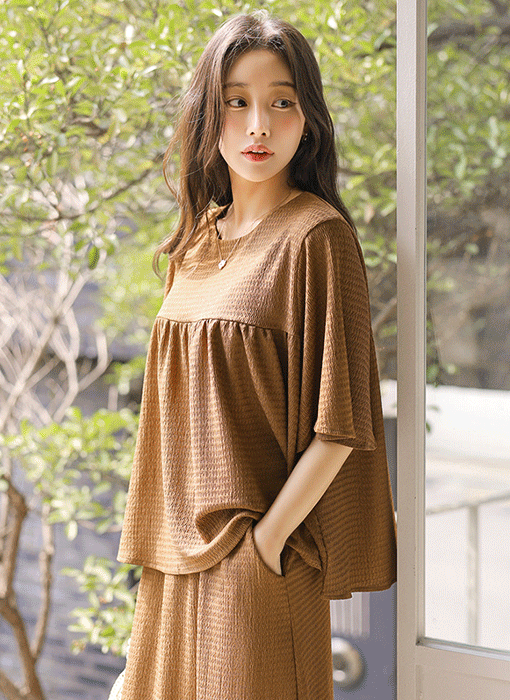 시어서커 지지미 셔링 블라우스 롱 스커트 투피스 세트