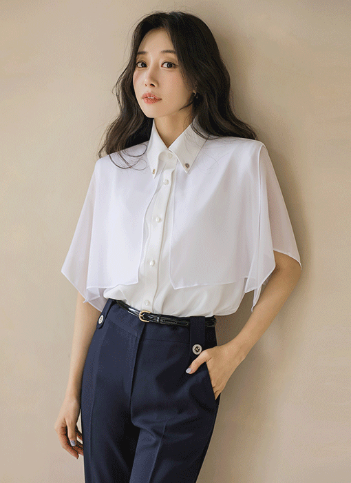 베이드 쉬폰 케이프 레이어드 카라 블라우스