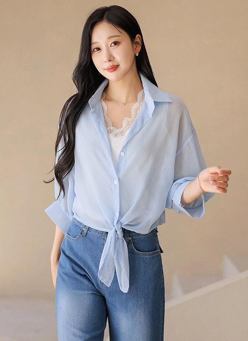 사르르 요루 쉬폰 벌룬 7부 소매 볼레로 카라 셔츠