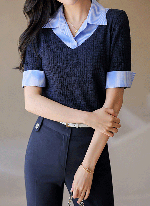 [루이스엔젤] 세루아 스트라이프 레이어드 배색 쟈가드 블라우스