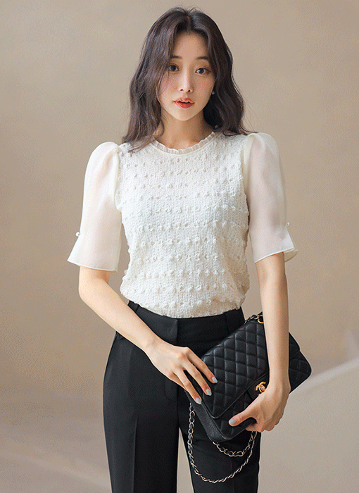 [루이스엔젤] 테일러 시스루 쉬폰 튤립 소매 배색 에스닉 쟈가드 블라우스 티