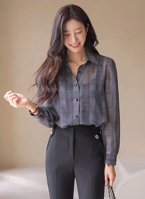 마티엔 글렌 체크 리본SET 카라 쉬폰 블라우스
