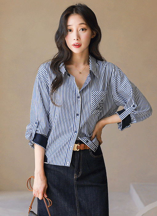 [Theonme] 자수 롤업 배색 카라 셔츠