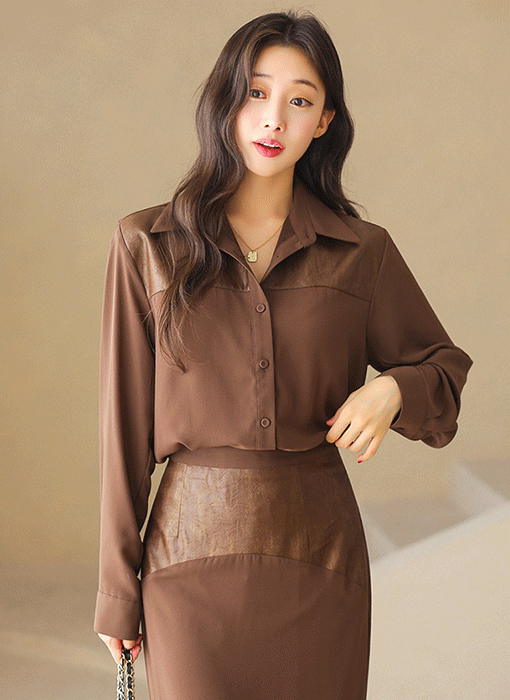 프리즈 레더 배색 쉬폰 카라 블라우스