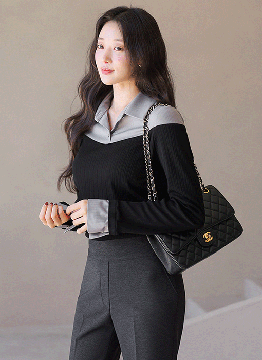 [루이스엔젤] 리미르 오프숄더 배색 카라 블라우스 티