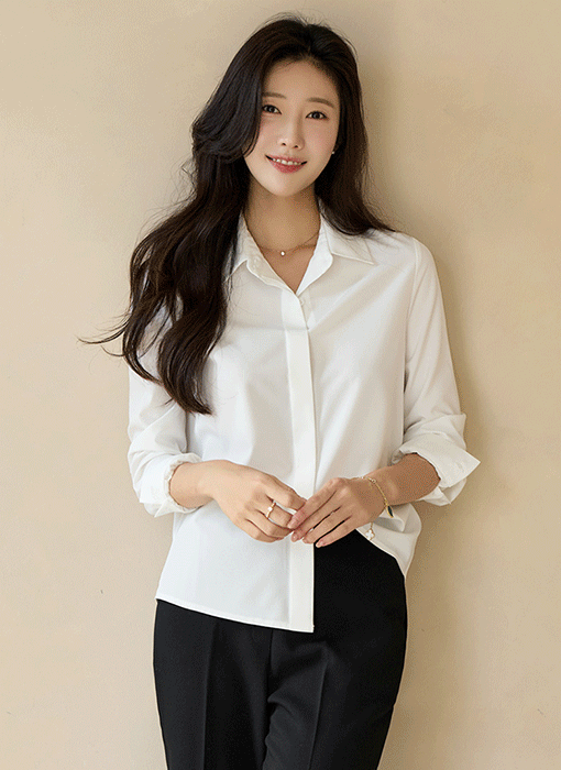 [루이스엔젤] 로이어 쫀쫀 스판 히든 버튼 베이직 스탠다드 카라 셔츠 블라우스
