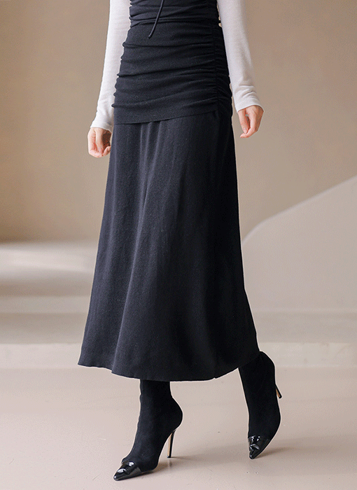 리나제 셔링 커버 레이어드 시보리 밴딩 롱 세미 A라인스커트