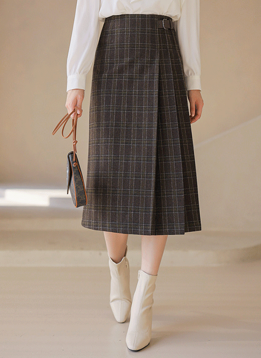 타탄 체크 포근 울 블렌딩 사이드 벨티드 플리츠 모직 롱 스커트