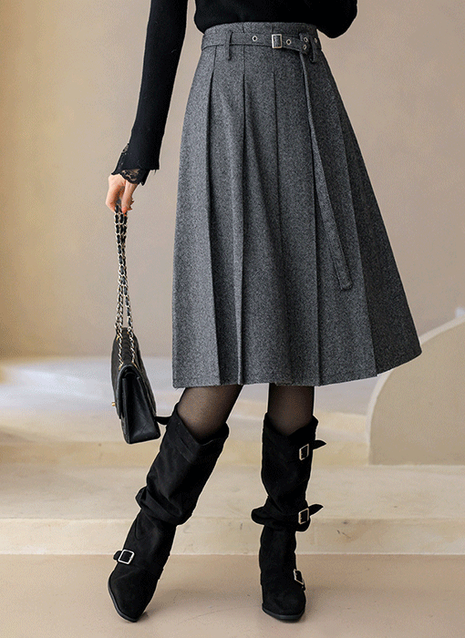 올리즈 헤링본 아일렛 벨트 SET 백 밴딩 A라인 주름 미디 플리츠 스커트