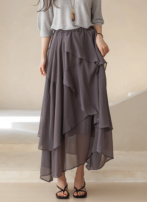 [Theonme] 에디나 언발란스 꽃잎 프릴 캉캉 셔링 A라인 롱 플레어 쉬폰 스커트