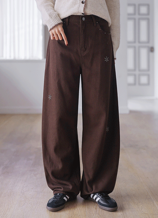 [Theonme] 키론 눈꽃 스터드 찡 루즈핏 와이드 코튼 팬츠