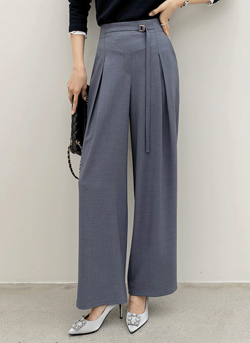 데미아 허리 비조 벨티드 맞주름 핀턱 세미 와이드 슬랙스 팬츠