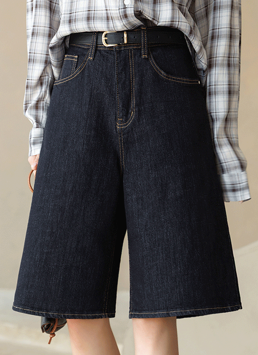[Theonme] 메르벤 히든밴딩 세미 와이드 5부 면 데님 반바지 팬츠