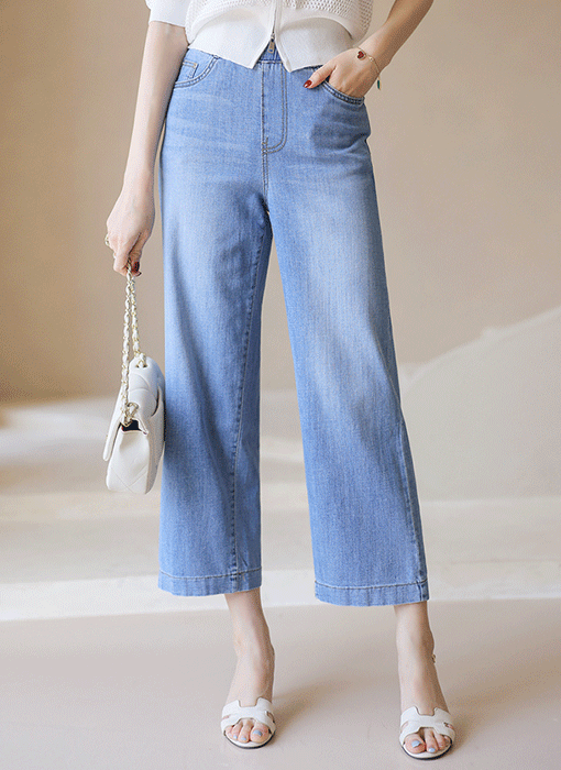 (55-77) 8.5부 허리밴딩 일자 세미와이드 데님 팬츠