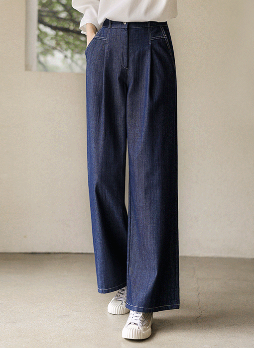 (55-77) 원턱 세미 와이드 스티치 포인트 일자 데님 팬츠