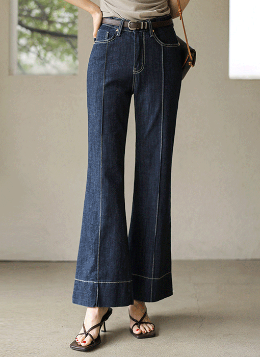 (55-88) 절개 스티치 히든밴딩 슬림 부츠컷 데님 면 팬츠