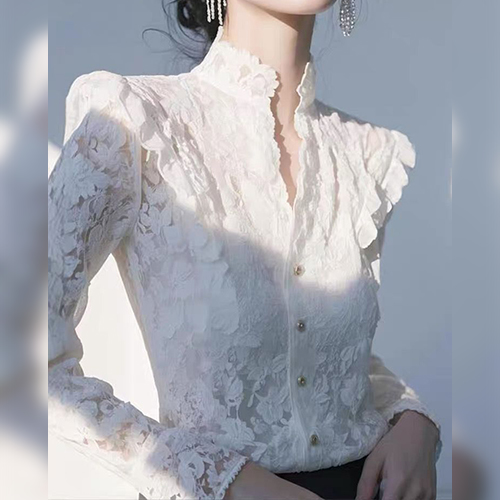 오픈 카라 시스루 패턴 블라우스