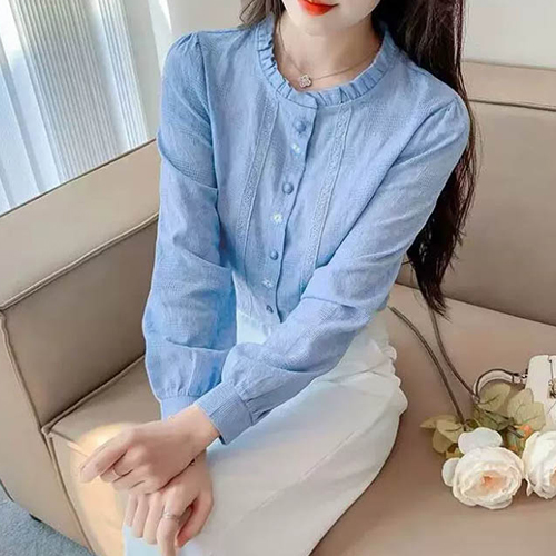 프릴넥 레이스 자수 코튼 블라우스