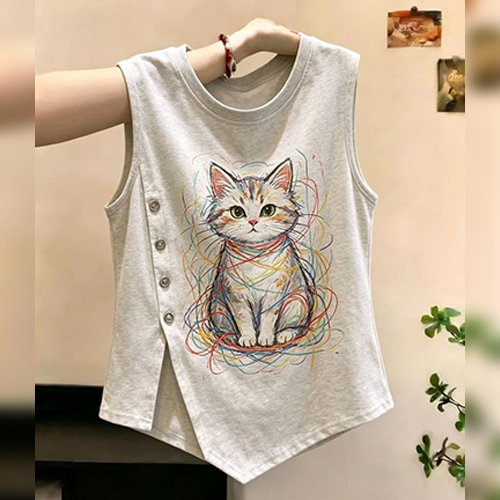 컬러풀 캣 버튼 슬릿 민소매 티셔츠