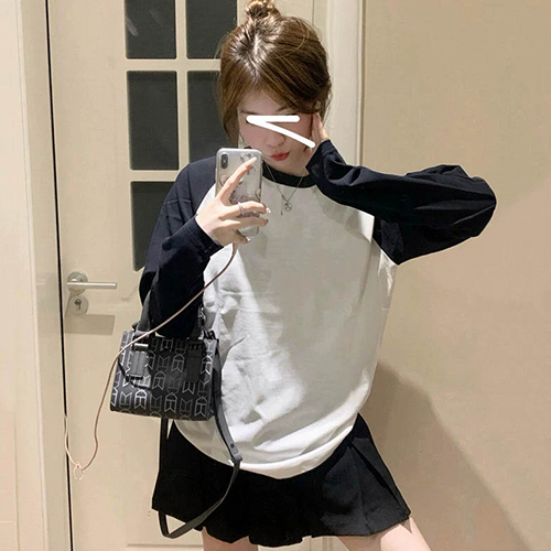 코튼 배색 라글란 긴팔티