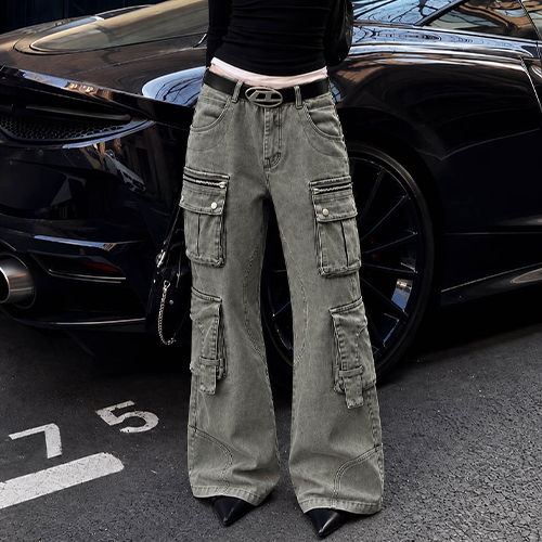 -멀티 포켓 워싱 카고 데님 팬츠