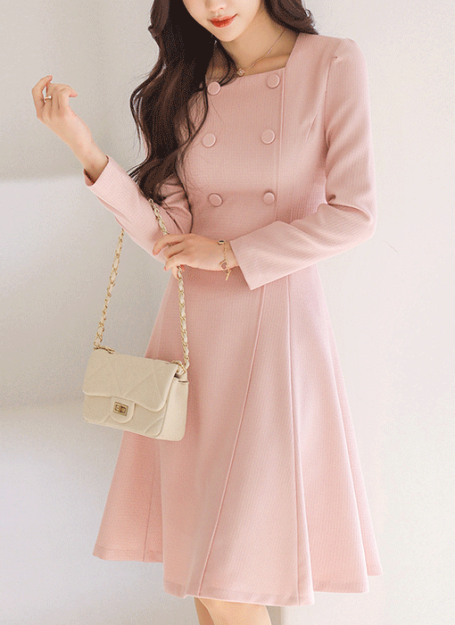 코코나 더블 버튼 절개 라인 드레시 A라인 플레어 미디 원피스